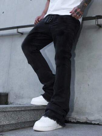 弹力修身喇叭牛仔裤，修身休闲直筒裤，时尚水洗牛仔斜插口袋棉混纺喇叭裤