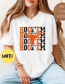 Texas Longhorn Tee-Hook Em-Texas Football Shirt-Uni Shirt220G Heavyweight 100% Cotton T-Shirt.  With Butterfly Print Pattern, Suitable For Girls And Wo's Short Sved Round Neck Inspirational Shirt, Cute Aesthetic Y2K Style Summer Top, Suitable For Outdoor, Family, Work Or Street Wear Casual Loose Daily T-Shirt - 白色7 - 查看 1