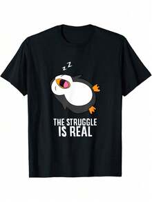 Camiseta de Hombre Pijamas de Pingüino Cansado Tema de la Lucha del Pingüino Perezoso Es Real - Negro - Ver 1