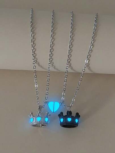 ATLVXJL Set de 2 collares de pareja/ con corazón y corona que brillan en la oscuridad, joyería de pareja casual adecuada para uso diario y regalo del Día de San Valentín