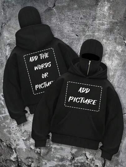 Customizable Men's Casual Hoodie With Text & Graphic Print, Double Layer Collar And Hood
