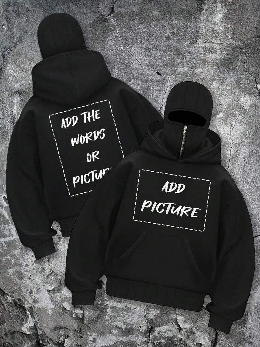 Customizable Men's Casual Hoodie With Text & Graphic Print, Double Layer Collar And Hood