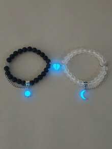 ATLVXJL 2 Stücke/Set Leuchtendes Herz & Sonne Mond Dekorationskette mit transparenten Perlen Paar Armbänder, geeignet für den täglichen Gebrauch und als Valentinstags-Geschenk
