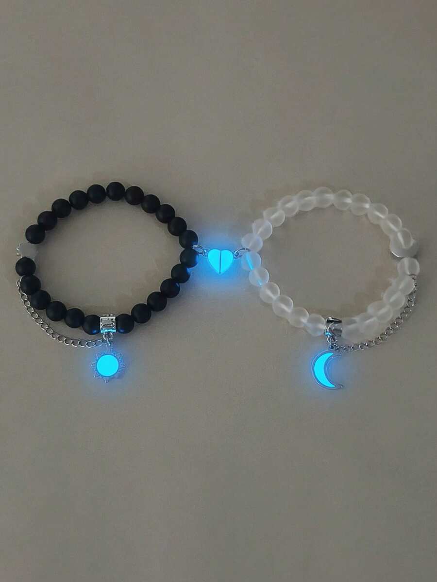ATLVXJL 2 Stücke/Set Leuchtendes Herz & Sonne Mond Dekorationskette mit transparenten Perlen Paar Armbänder, geeignet für den täglichen Gebrauch und als Valentinstags-Geschenk