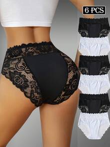 6pcs/Pack Women's High Waist Seamless Lace Thong Panties - Black and White - View 1
