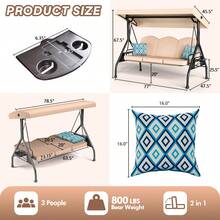 ZZW 3 Seat Outdoor Porch Patio Swing With Stand 800lbs 2-In-1 Convertible Swing Bed With Adjustable Canopy & Removable Cushion For Yard Garden Deck - 卡其色 - 查看 2