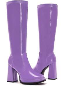 Wide Calf Plus Size Women's 70s Gogo Tall Knee High Square Toe Chunky Heel Retro Fashion Vintage Boots - 紫色專利 - 查看 4
