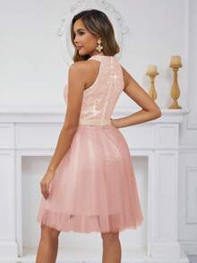 YUMIBRAVO Women's Short Prom Dress, Sequin Mesh Ball Gown, Off Shoulder Dress, Sequined Dress For Party, Women's Autumn And Winter Dress - Hồng - Xem 6