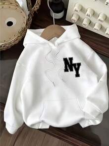 Sudadera con capucha y bolsa canguro tela gruesa para mujer con estampado grafico nombres de ciudades new york  , de estilo casual y sencillo, adecuada para otoño/invierno - Blanco - Ver 1