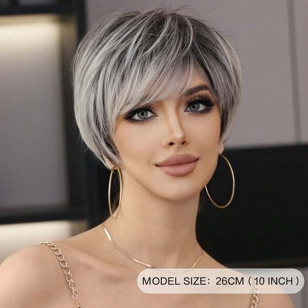 Synthetische kurze Farbverlauf Grau Pixie Haarschnitt Perücke mit Pony, Glueless geschichtete Perücke mit Wellen von Grau zu Schwarz für Frauen