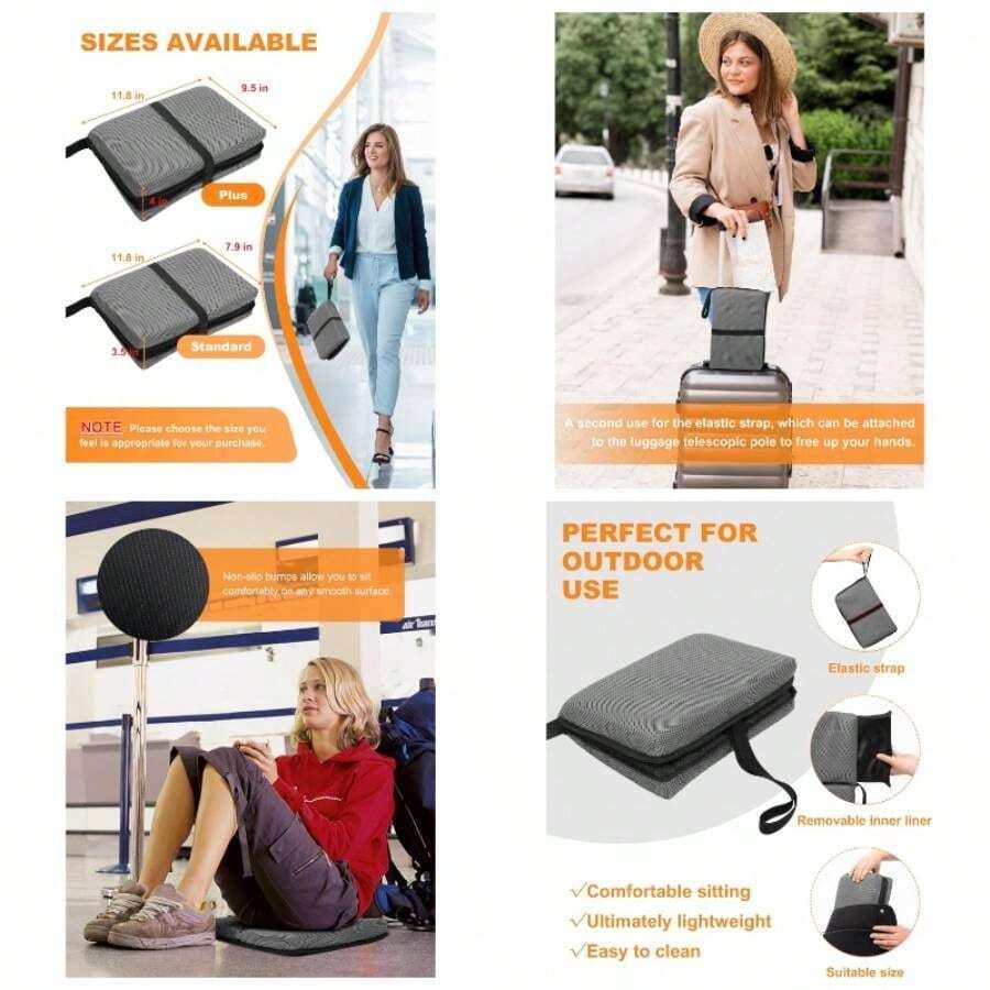 Cojn de asiento de avin porttil para mayor comodidad, almohadilla plegable para estadio con almohadilla de asiento de tela transpirable, perfecto para vuelos largos, oficina, campamento - Tamaño estándar - 15,7'' + Gris Oscuro - Ver 1