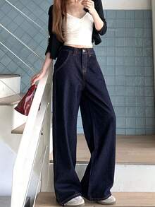 Women's Navy Blue Straight Leg Casual Jeans With Unique Back Pocket Design, Straight Leg Pants Spring - Dark Blue - View 2