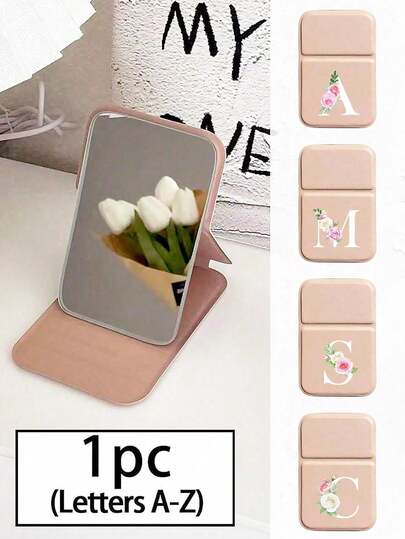 Mini Pink Flower White Letters Foldable Portable Makeup Mirror,Letters Of A-Z Makeup Mirror With Bracket, Travel Mirror, Beauty Products, Desktop Makeup Mirror, Rectangular Desktop Compact Mirror Foldable Small Minimalist Makeup Mirror, Travel Portable Makeup Mirror For Women's Gift - The Best Gift For Mom And Teacher