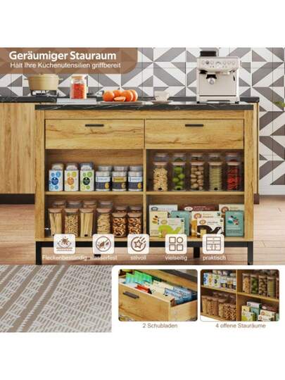 120*75*90cm, Country Kitchen Isl Drawers Open Shelves, Oak Grain Finish, Zwart Marble Countertop, Metal Frame, Back Bar Area view 5