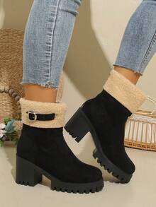 Chunky High-Heel Platform Round-Toe Suede-Like -On Short Boots With Metal Buckle And Back Zipper - Black - View 11