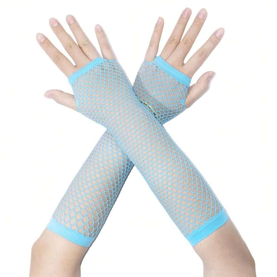 Fishnet Fingerless Gloves Mesh Arm Sleeves Fish Net Arm Sleeves EMO Gloves For Women In Theme Party Scene Accessories{"Size_name":"Long","Color_name":"#04-LightBlue(Long)"} - 多色14 - 查看 1
