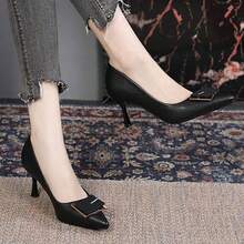 Las mujeres de tacón alto francés hebilla cuadrada primavera y otoño temperamento cien con punta boca poco profunda zapatos individuales - Negro - Ver 5