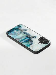 1pc Minimalist Marble Texture Sea Turtle Graphic Tempered Glass Full Coverage Soft Phone Case Compatible With Samsung/Apple - Multicolor - View 4