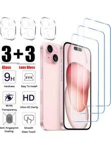 3+3 gehärtetes Glas kompatibel mit iPhone 15 14 13 12 11 16Pro Max Plus Mini Kamera Bildschirmschutz kompatibel mit iPhone wasserdicht stoßfest kratzfest und fingerabdruckfest Vollabdeckung