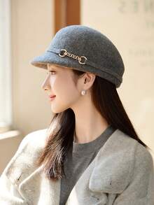 1pc Women's Solid Color Autumn/Winter Metal Heart Decor Felt Beret, Cloud Beret, Artist Beret, Newsboy Cap, Casual Elegant Street Fashion Versatile Bucket Hat, Suitable For Outdoor, Gathering, Cycling, Travel, Party, Daily Use In Autumn