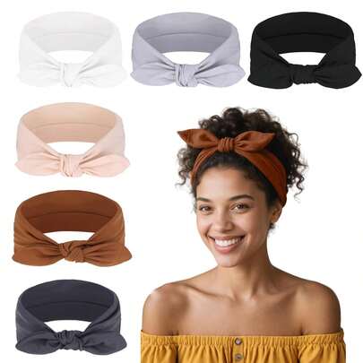 6pcs/Set Women's Elastic Headbands - Elastic Bow Headbands, Suitable For Women's Hair Anti-Slip - Vintage Headbands With Bow, Cute Hair Accessories, Solid Color Polyester Winter Scarf Warm Hair Bands Women Bandanas