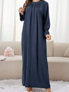 1pc New Soft Floral Sleeve Muslim Dress Without Hijab, Elegant Pleated Collar Design, Classic Versatile Abaya, Suitable For All Seasons