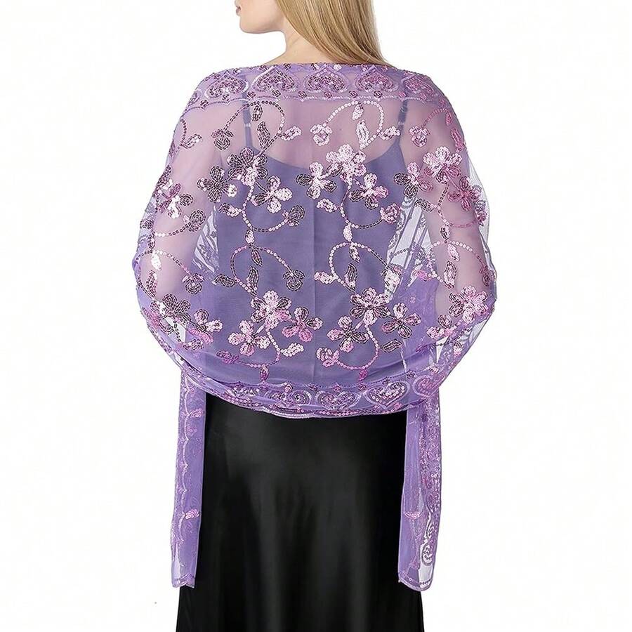 Shawls And Wraps For Evening Dresses,Women Formal 1920s Sequin Flower Sheer Shawls And Wraps For Wedding-{"Color_name":"Purple"} - 紫色 - 查看 1