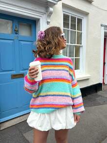 Pull tricoté pour femmes Joy, nouveau style à la mode pour l'automne/l'hiver - Hauts polyvalents - Design minimaliste décontracté polyvalent - pull tricoté col rond à rayures multicolores - Multicolore - Voir 3