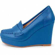 Women's Platform Loafer Wedge Pumps Slip-On Office Casual Penny Loafer Shoeshalloween - Xanh đậm - Xem 10