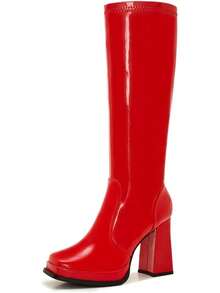Wide Calf Plus Size Women's 70s Gogo Tall Knee High Square Toe Chunky Heel Retro Fashion Vintage Boots - 紅色專利 - 查看 1
