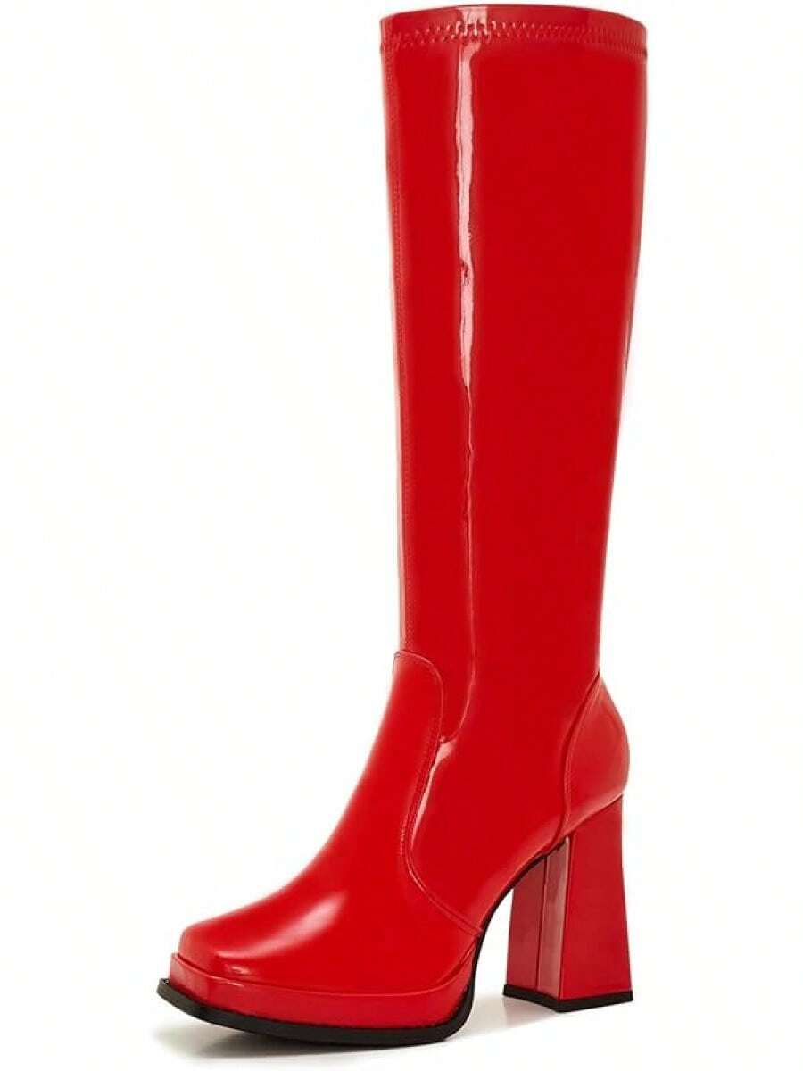 Wide Calf Plus Size Women's 70s Gogo Tall Knee High Square Toe Chunky Heel Retro Fashion Vintage Boots - 紅色專利 - 查看 1