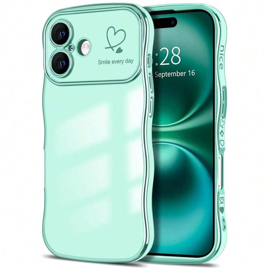 For IPhone 16 Plus Case Wave Wavy Phone Cases With Love Heart, Luxury Plating Edge Cute Curly Shape Cover For Women Girls, Thin Slim Soft TPU Rubber Shockproof Protective Cover, Light Green{"Color_name":"LightGreen","Size_name":"ForiPhone16Plus-6.7inch"} - 多色13 - 查看 1