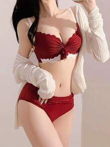 Non-Wired Bra And Shorts Set, Naturally Lifting, Soft And Slimming Bra, Comfortable Bra, Top And Bottom Set, Non-Wired, Bra, High-Side Support, Small Breasts, Underarm Fat, Cleavage, Comfortable, Shapewear, Lace, Underwear, Women's - Đỏ - Xem 2