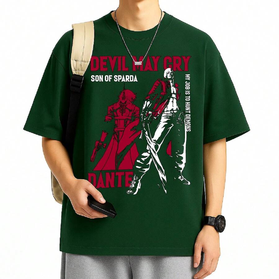 T-Shirt Video Game Anime Dante Unisex Men Women 100% Cotton Top Premium Streetwear Launch Immediate Shipping Various Colors!! Plus Size - 軍綠色 - 查看 1