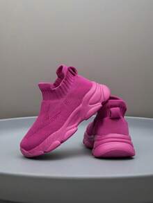 1 Pair Kids' Sneakers, Breathable Elastic Soft Shock-Absorbing Quick-Drying Lightweight Waterproof Combination Of Fabric And Leather Upper, Casual Street Style Suitable For Running, Walking, School, Knitted - Red Violet - View 10