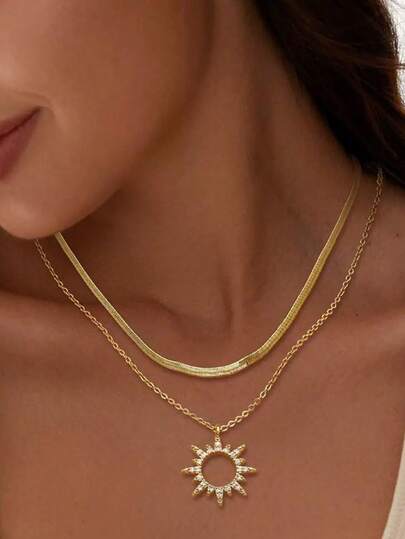 قلادة قلادة مزينة بالزركونيا على شكل شمس بسلسلة ثعبان مسطحة ذات طبقتين للنساء، مجوهرات يومية وهدايا للمناسبات