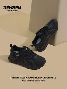 RENBEN 2 pares de zapatillas casuales con cordones negras y suela gruesa para mujer, de unicolor, con diseño de moda y versátil, nuevos lanzamientos para primavera/otoño 2025