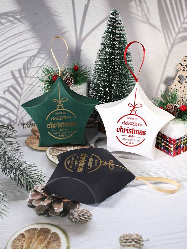 10pcs Star-Shaped Christmas Gift Boxes With Ribbon Handle And "Merry Christmas And Happy New Year" Print, Elegant Black, Green, And White Holiday Favor Boxes For Candy, , Or Small Gifts, Perfect For Xmas Tree Hanging, Party Table Decor, And Gift Exchange