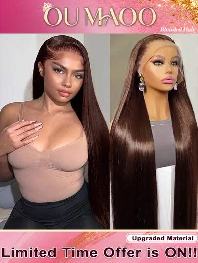 200% Density Brown 13*4 Straight Lace Front Wigs With Natural Hairline - Brazilian Virgin Human Blended Hair Straight Lace Frontal Wigs Glueless Wigs For Women HD Transparent Pre Plucked With Baby Hair Chocolate Brown Color Wig 34 Inch Real Hair Lace Closure Wigs For Daily Wear For Halloween Parties, Holidays And Cosplay Christmas