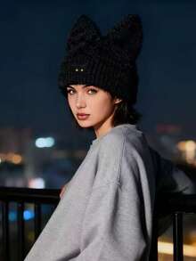 1 gorro de tricô feminino para o inverno, com design moderno de orelhas de urso fofinhas, forro térmico grosso e quente, ideal para uso diário, viagens, esqui e compras.