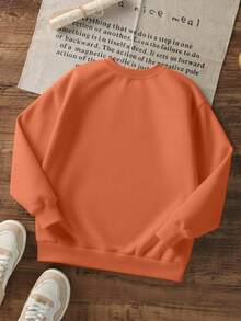 1pc Girls Casual Printed Pullover Crew Neck Sweatshirt, Student Young Clothing, Long Sleeve, Autumn/Winter - Orange - View 4