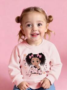 1pc Baby Girl Casual Graphic Print Crew Neck Pullover Sweatshirt, Autumn/Winter , Adorable Cartoon Girl Print Brings Joy And Happiness To Every Child! - Pink - View 3