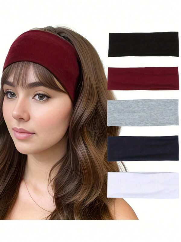 Set de 5 diademas deportivas transpirables para mujeres - Talla grande, elásticas, de telaunicolorlido, adecuadas para correr y hacer ejercicio, diseño cómodo antideslizante, accesorios para el cabello, accesorio de otoño, diadema de mujer, diadema de moda de otoño, cinta para el cabello de vacaciones de invierno, elegante bufanda, bandas para el cabello cálidas para mujeres