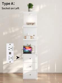 VOWNER 13.8" Narrow Dresser Sideboard With Power Outlet, Simple Display Cabinet With Glass Top, LED Light, 3 Drawers & Shelves, Tall Shelves Cabinet For Bedroom, Gifts For  Halloween Thanksgiving - White - View 9