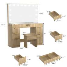 VOWNER 43.3" Fluted Makeup Vanity WIth Large Lighted Mirror, Vanity Table With Glass Top & Power Outlet,  3 Color Light Modes, 9 Drawers For Storage, Bedroom Dresser With Stool For Girls Women, Gifts For Christmas - 查看 7