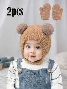 2pcs/Set Khaki Double Pom-Pom Hat And Mittens Knitted Winter Set For Toddlers - 2pcs - View 5