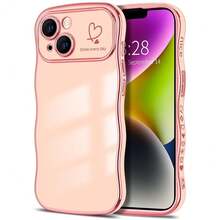 For IPhone 14 Case Wave Wavy Phone Cases With Love Heart, Luxury Plating Edge Cute Curly Shape Cover For Women Girls, Thin Slim Soft TPU Rubber Shockproof Protective Cover, Pink{"Color_name":"Pink","Size_name":"ForiPhone14-6.1inch"} - 多色20 - 查看 1