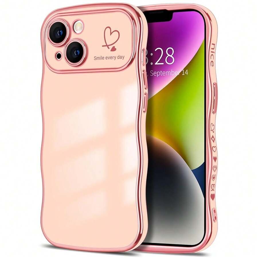 For IPhone 14 Case Wave Wavy Phone Cases With Love Heart, Luxury Plating Edge Cute Curly Shape Cover For Women Girls, Thin Slim Soft TPU Rubber Shockproof Protective Cover, Pink{"Color_name":"Pink","Size_name":"ForiPhone14-6.1inch"} - 多色20 - 查看 1