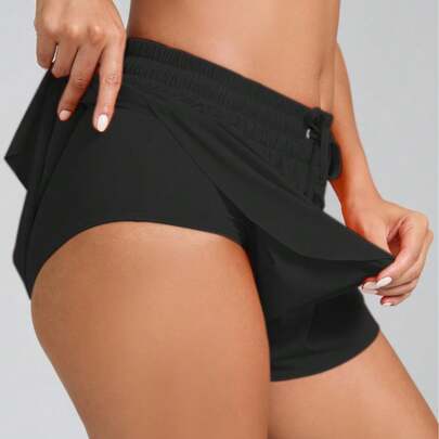 Swim Basics 女士高腰纯色比基尼泳裤，侧开衩设计，二合一冲浪短裤泳衣