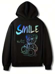 男士宽松连帽衫，饰有熊图案和英文标语印花，休闲口袋卫衣，秋冬季长袖上衣 - 黑色 - 查看 6